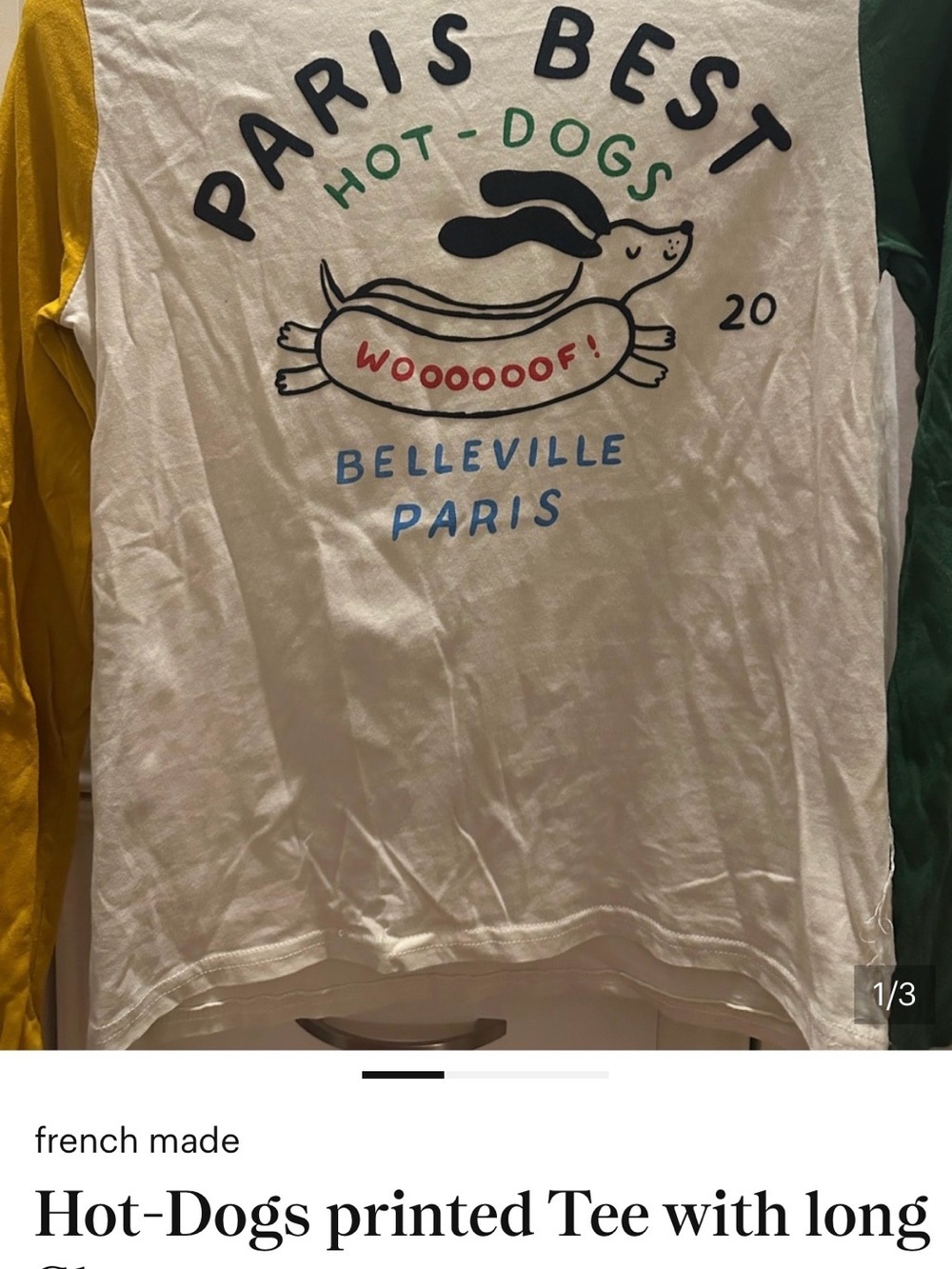 Kids Paris Best Hot-Dogs Long Sleeve Tee - White with Yellow & Green Sleeves